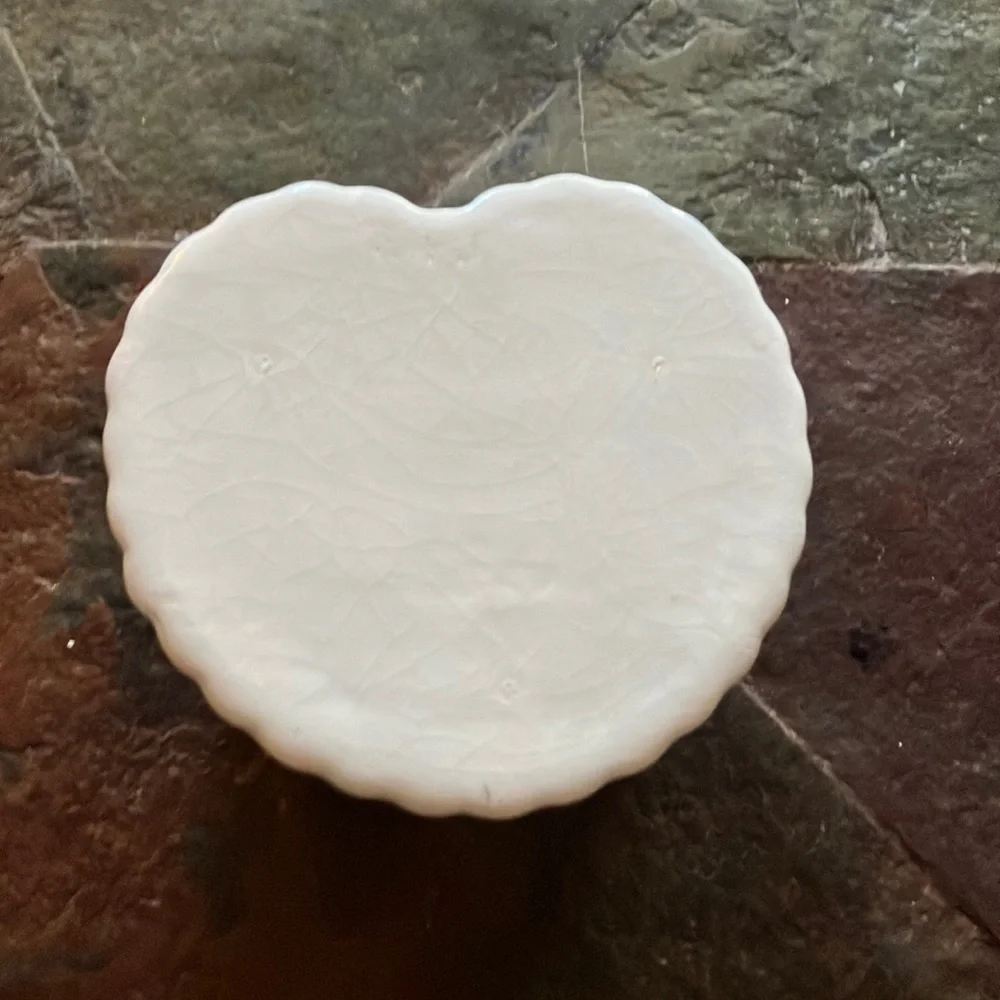 Heart-Shaped Porcelain Trinket Box with Blue‎ Rose and Ruffle Accents - Vintage